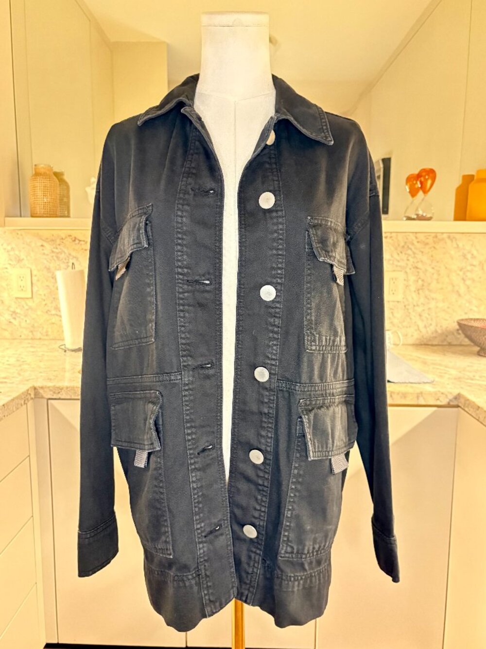 Topshop Washed Black Cargo Utility Jacket Shacket - Size 4